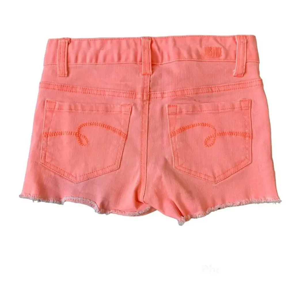 NWOT Girls 8 Justice Neon Coral Pink Cutoff Denim Frayed Shorts